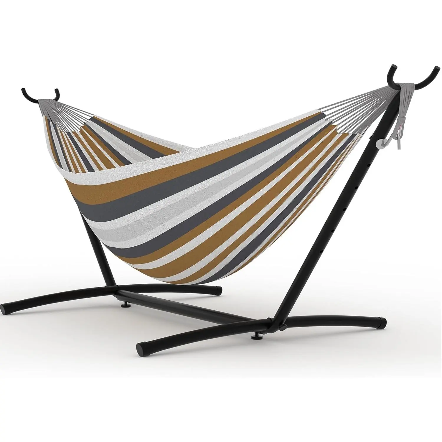 2-Person Brown Stripe Pattern Outdoor Hammock with Space-Saving Steel Stand, Heavy-Duty Portable, Easy Assembly, 350 lbs Capacity, Carrying Bag Included, Indoor-Outdoor Stand Sunloungers, Stripe Pattern Hammock, Outdoor Hammock With Stand Sunloungers