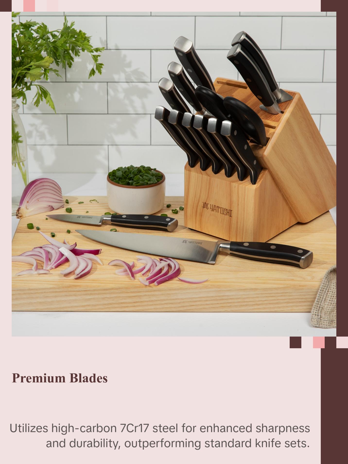 Yatoshi 15-Piece Kitchen Knife Block Set- Premium High-Carbon Blades with Black ABS Handles Kitchen Knives
