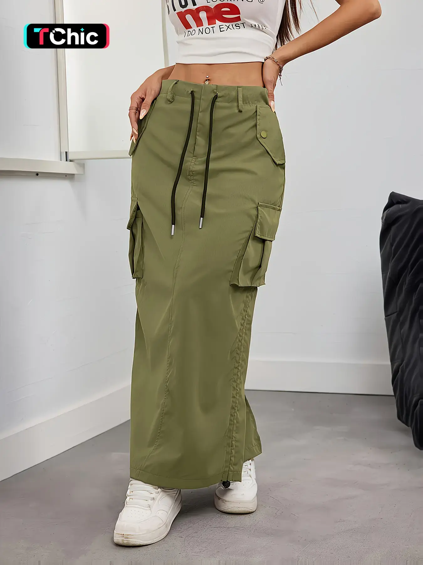 Women's Utility Skirt, Side Drawstring Hem, Streetwear/Y2K Aesthetic Style, Office Essential, Long Fitted Skirt, All Seasons Casual Wear, Fashion