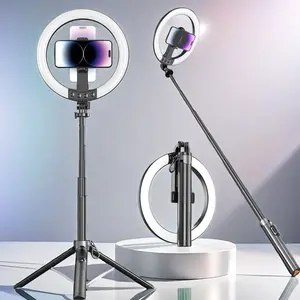 10 Inch Ring Light with Selfie Stick Tripod Holder, Pop Open Stand, 3 Color Temperatures, Wirelessr Remote Control Extensible Selfie Pole, Rechargeable Battery, Selfie Accessories, Smartphone Camera Accessories