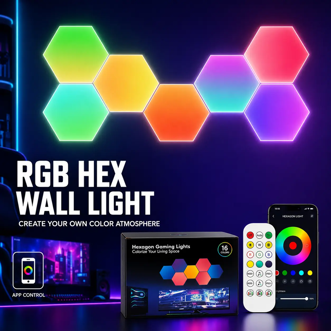 Bluetooth Hexagon RGB Wall Lights - Touch & App Control Smart Modular Night Lamp, DIY Geometric Decor, Dimmable Sensory Lighting with Hexagon Light RGB Bulbs, Remote-Enabled, Wall-Mounted Color Changing, Wireless RGB for Bedroom, Game Room, Remote-Enabled