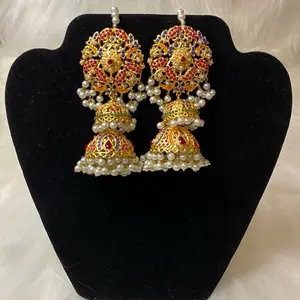 Multi Gold Navratan Women Jhumka Earrings with Ear Chain - Intricate Design, Vibrant Gold Finish, Unique Accessory for Elegant Outfits