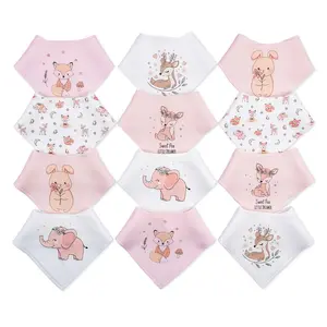 12-Pack Cartoon Baby Triangle Bibs for Boys & Girls, Adjustable Snap Cotton Bandana Bib Set, Soft Absorbent Drool & Feeding Bibs for Teething, Eating & Everyday Wear All Season