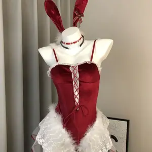Women's Cute Burgundy Velvet Bunny Ear Outfit Spaghetti Strap Bodysuit with Front Crisscross Lace-Up Lace Fur Trim Bunny Ear Headband Choker for Cosplay & Festive Parties