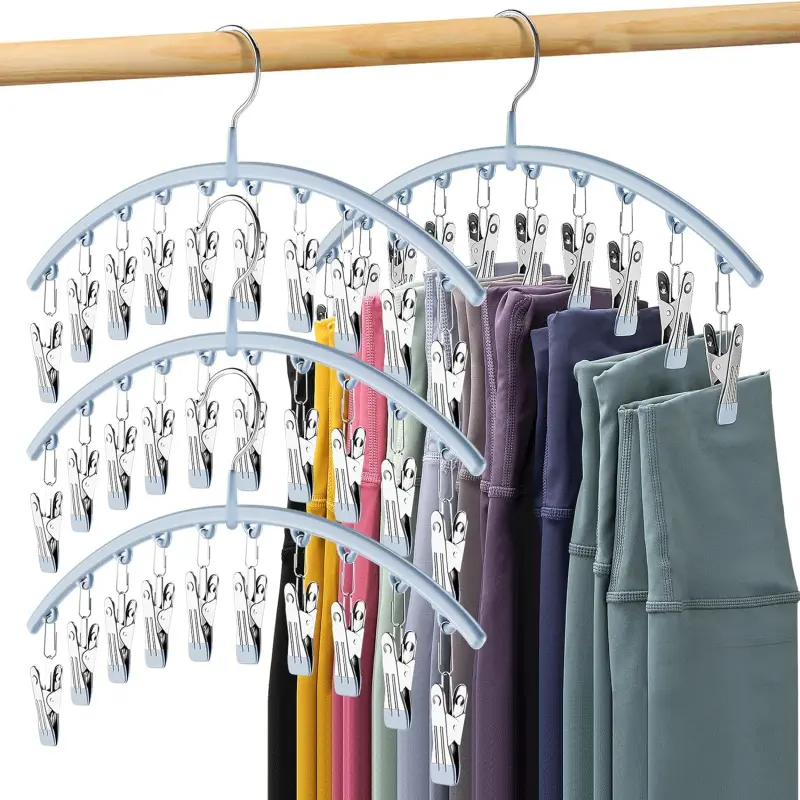 Carbon Steel Hanging Legging Organizer Hangers for Closet, 4-Pack Durable Rubber-Coated Metal Hangers with 10 Large Clips Each, No-Traces Space-Saving Storage for 40 Yoga Pants, Blue