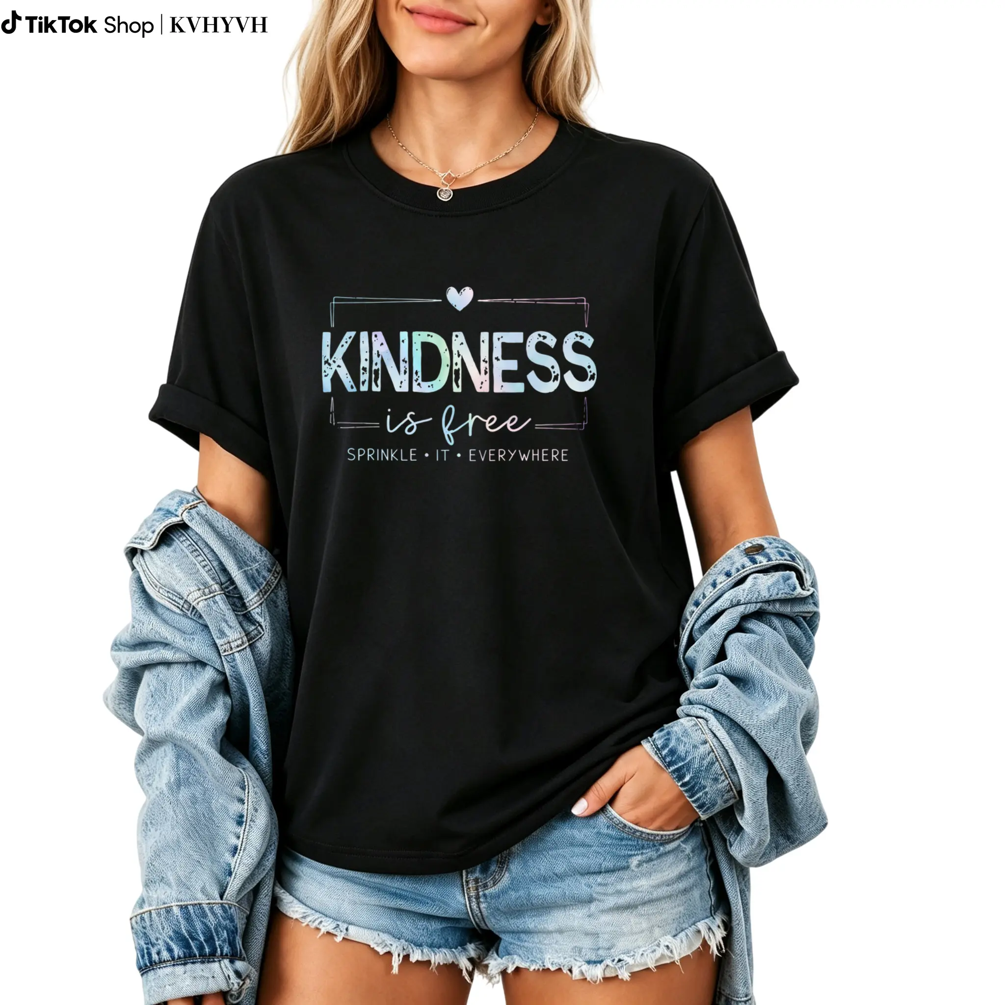 Fashionable Women's Retro Print Round Neck Short Sleeve Cotton T-shirt with Inspirational Message Kindness Is Free Spread It Everywhere Perfect for Casual Daily Wear and Mother's Day Gift for Mom