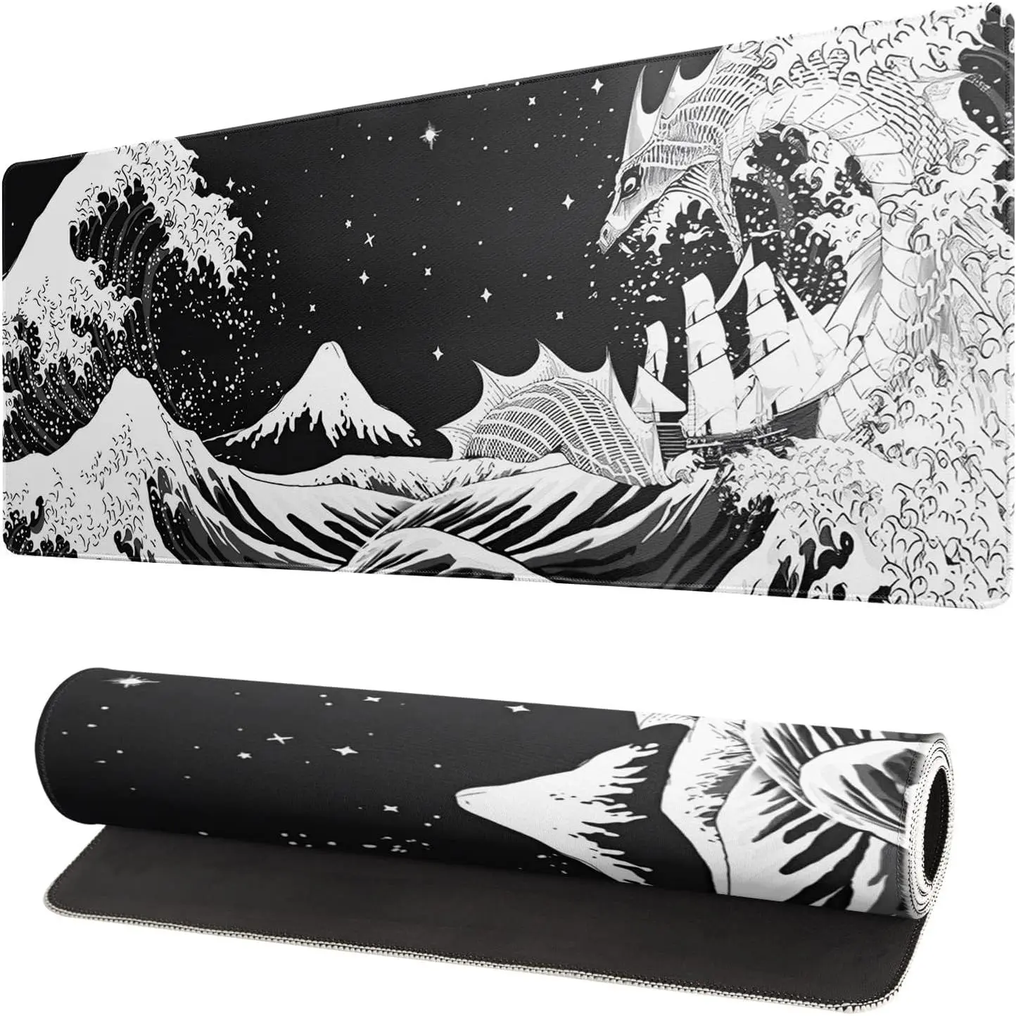 Gaming Mouse Pad with Black and White Japanese Wave Dragon Abstract Design - Non-Slip Rubber Base, 24x14 in Stitched Edges, Desk Pad for Office, Home, Desk Accessories