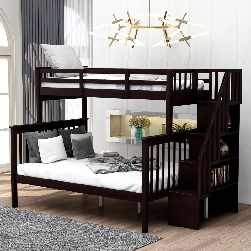 Bellemave Twin-Over-Full Solid Wooden Bedframe with Storage Space, Guard Rail, Functional Stylish Indoor Bedroom Furniture Set