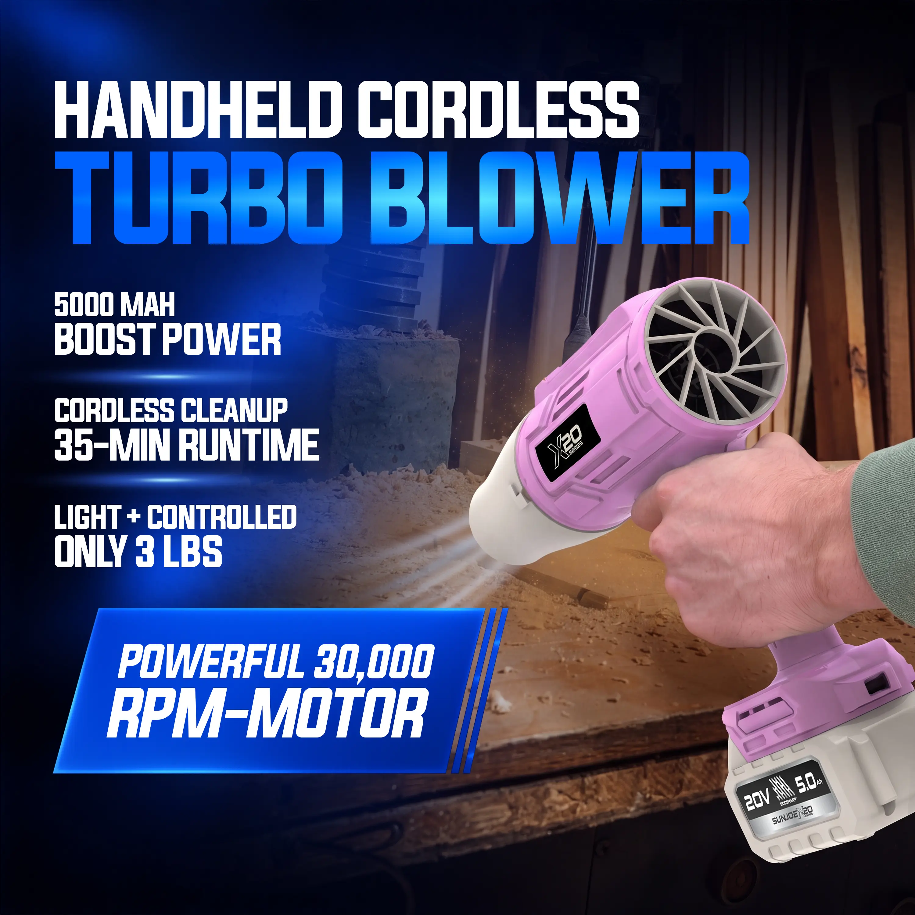 Sun Joe Storm Jet Blower, 30,000-RPM Leaf Blower, Violent Turbo Fan, 5000mAH Boost Power, Car, Drying After Wash, Air Duster, Home Improvement