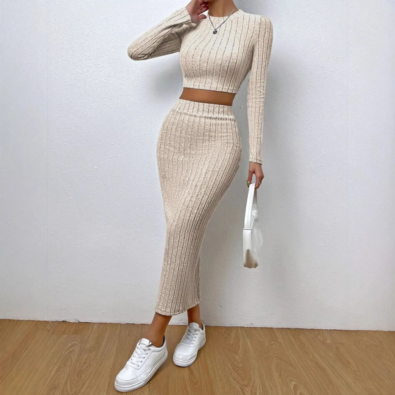 Women's Basic Solid Knit 2-Piece Clothing Set - Casual Street Style Crew-Neck Long-Sleeve Sheath Dress & Skirt, Soft Durable Polyester Fabric, Lady