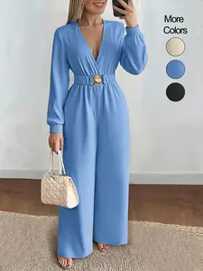 Women's Long Sleeve V Neck Sexy Solid Color Elastic Waist Wide Leg Jumpsuit, Casual Loose Fit Summer, Comfortable & Stylish