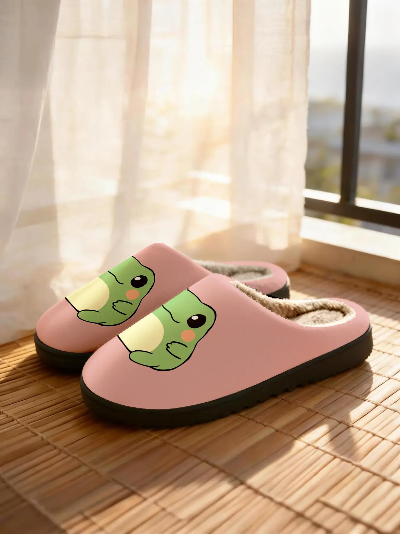 Cute Frog Cotton Slippers, Soft Plush Lining, Casual Fall & Winter Home Shoes, Round Cartoon Design, Comfortable Textile Material