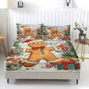 3-piece Christmas Gingerbread Man Patterned Bed Sheet with Comfortable Printed Pattern, Including 1 Bed Sheet and 2 Pillowcases, Comfortable Bedding, Non Slip Dust Cover Suitable for Bedrooms and Guest Rooms, Suitable for Children and Adults As Gifts