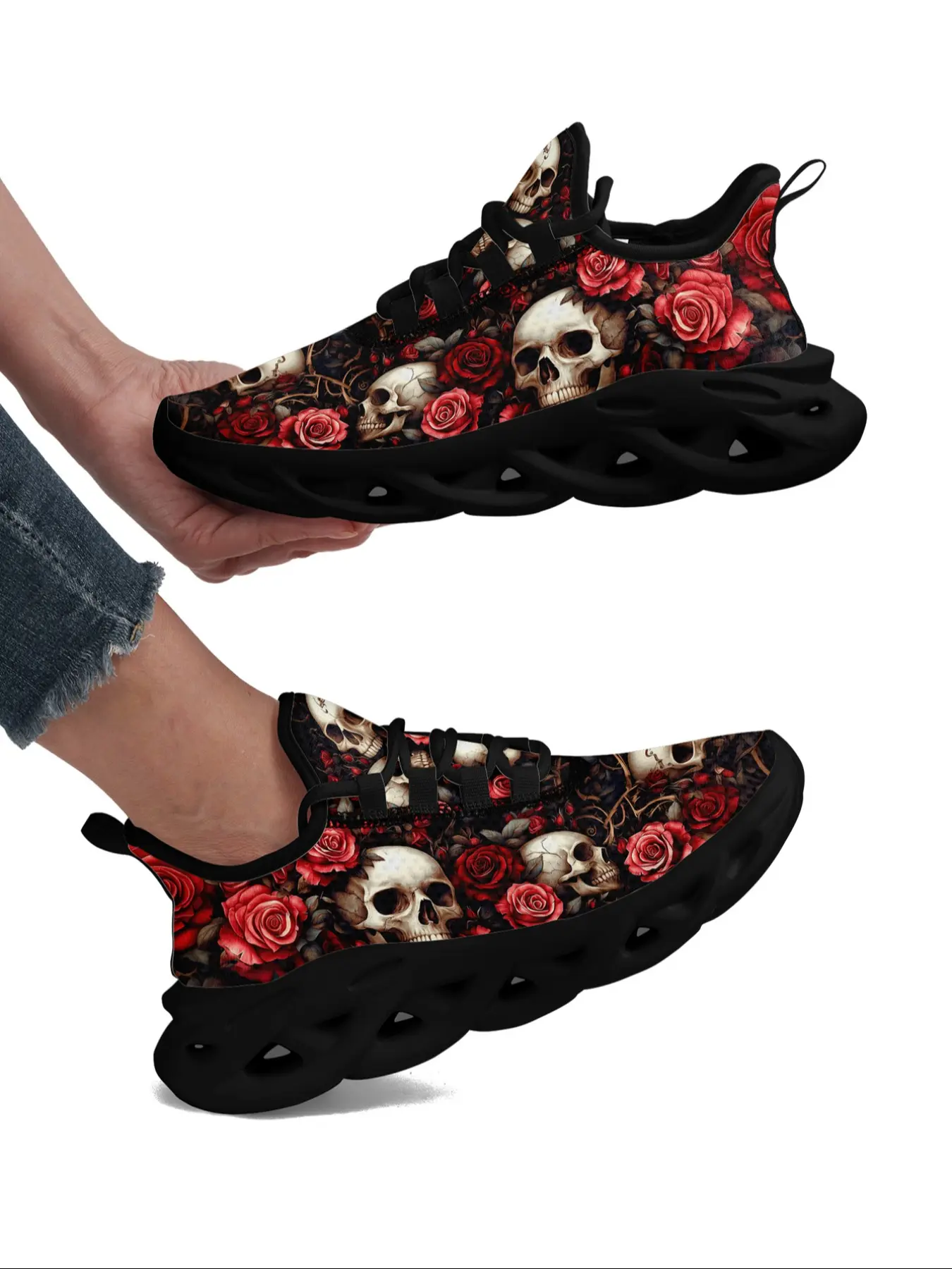 Women's Skull Lace-Up Casual Shoes, Gothic Skull and Rose Fashion Sneakers, Trendy Punk Trainers, Walking Shoes, Stylish and Comfortable Footwear for Streetwear and Casual Outfits, Lifestyle Shoe Trainer