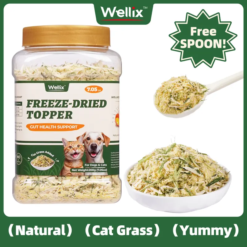 Wellix 7.5oz Cat & Dog Cat Grass Food Topper - Chicken, Egg Yolk, Cat Grass | Freeze Dried Chicken Formula | Low Calorie | Support Hairball Control & Gut Health | Natural, Nutritious, Yummy