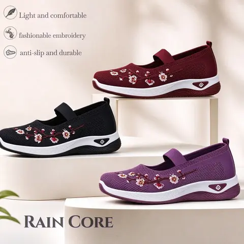 Rain Core | Women's All-Season Casual Embroidered Sneakers, Suitable for Outdoor Running and Daily Commuting, with Knitted Soles