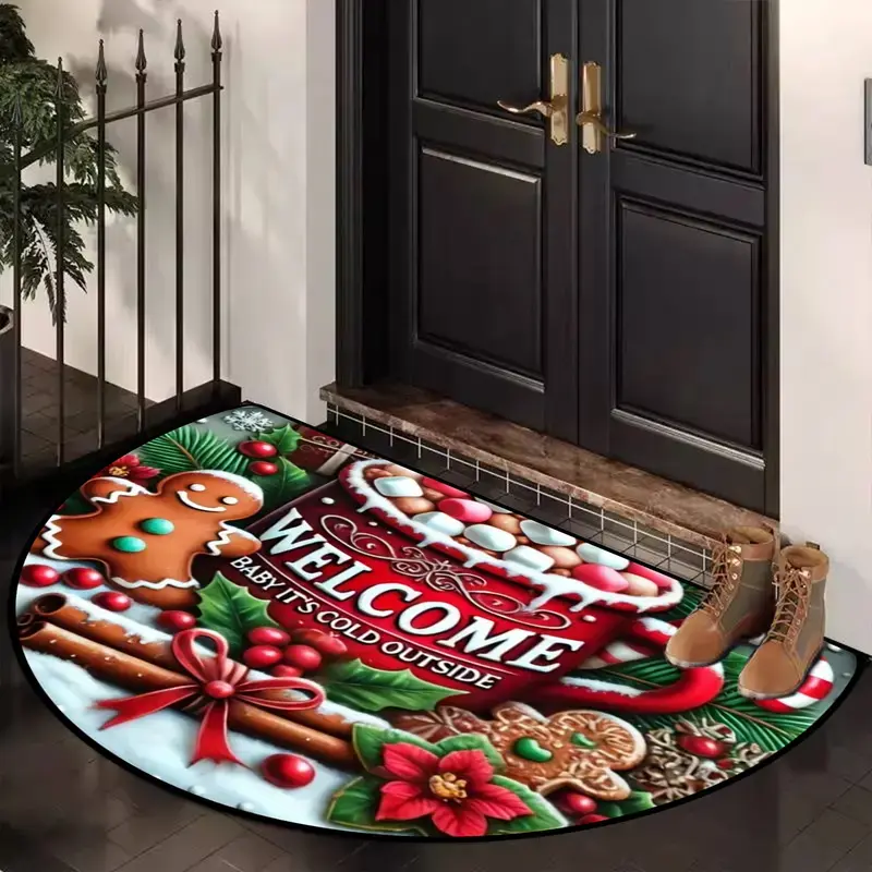 Christmas-themed doormat, featuring gingerbread men and letter patterns, semicircular shape, suitable for entrance area, indoor and outdoor decoration, easy to clean and wear-resistant, Washable area rug, Christmas gift and decoration