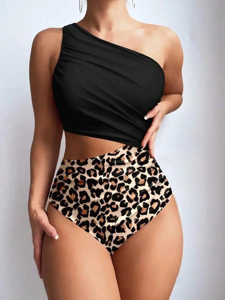 Swim Women's Black & Leopard Print One-Shoulder Cutout Swimsuit | Asymmetric Ruched Colorblock Monokini | High Waist Tummy Control 1PC Bathing Suit