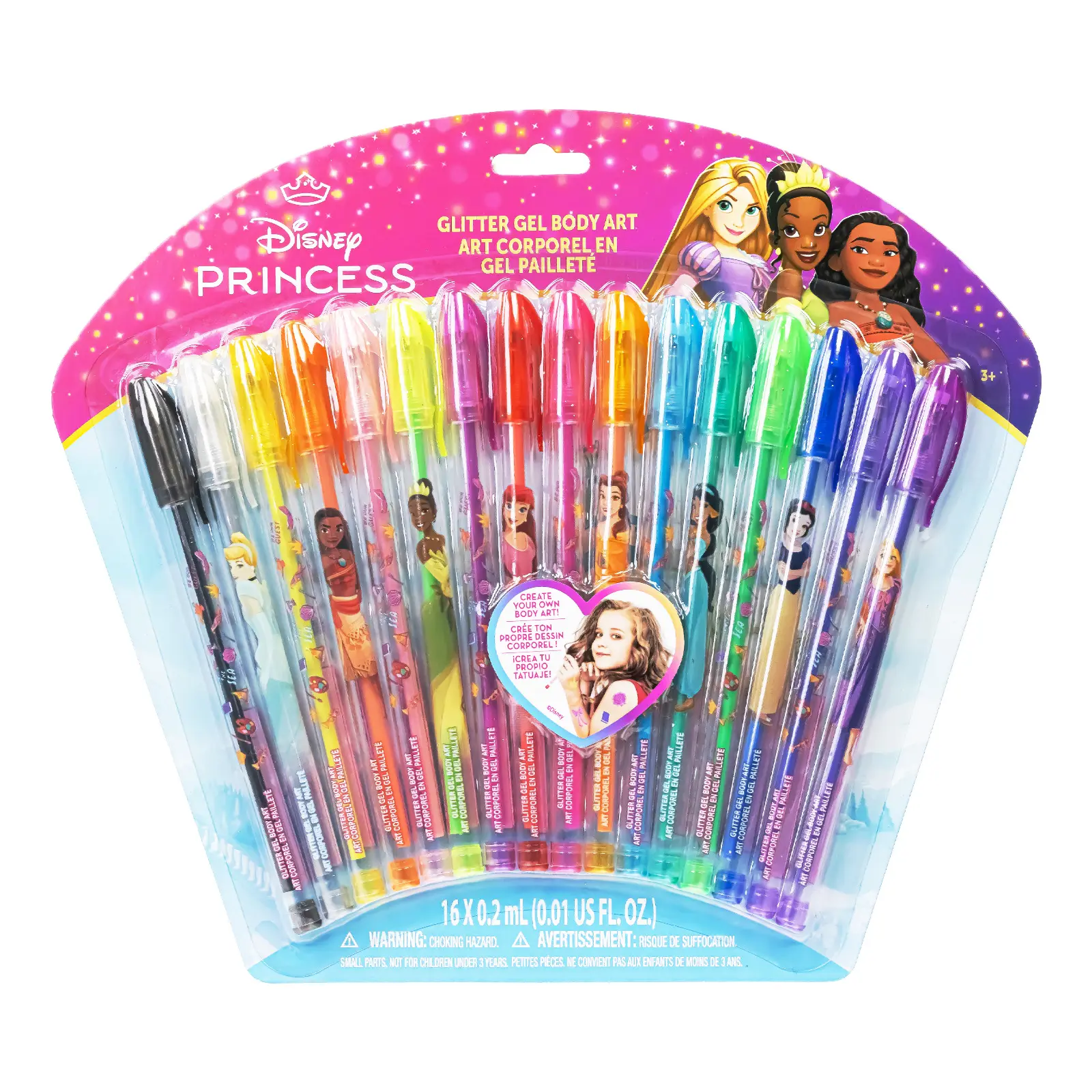 Disney Princess 16-Piece Glitter Pen Body Art Set for Kids, Bright Colors, Ages 3+, Party & Fun Crafts, Birthday Gifts, Design-Focused Art Kit by Townley Girl, Kids Art