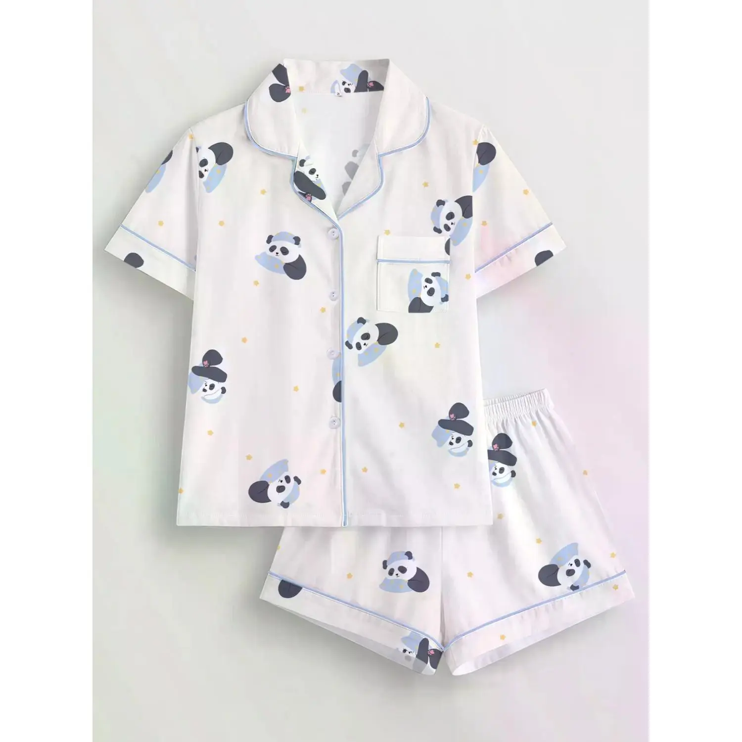 Panda Print Women's Pajama Set, Short Sleeve Button-Up Top & Elastic Waist Shorts, Casual Loungewear, Fitted Sleepwear, All-Season Comfort