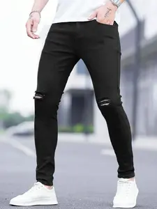 New men's stretch  black ripped jeans, comfortable and breathable pure black and thin versatile trousers，youth men Pants Hole