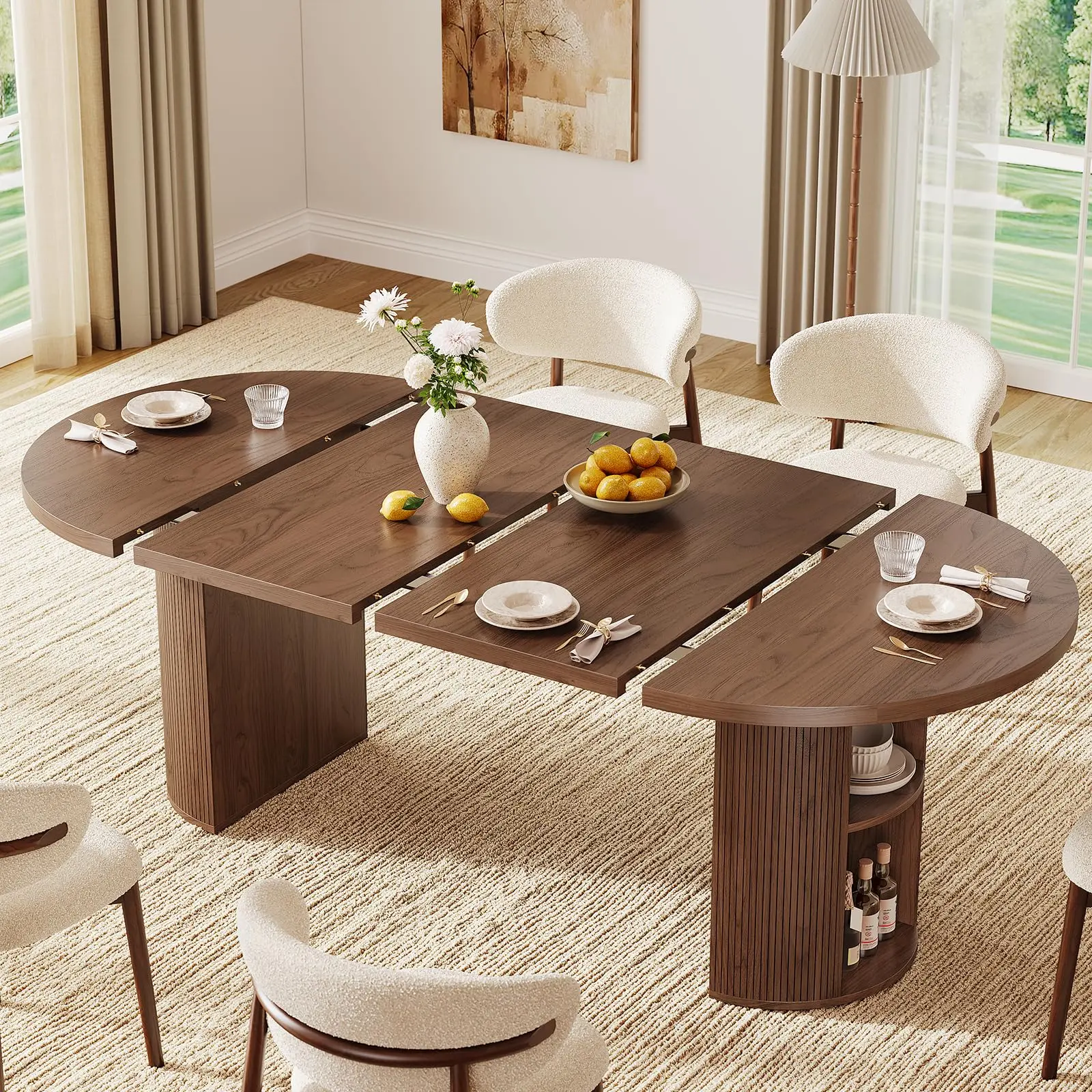 【SummerFinds】ONBRILL 41-78 Inch Extendable Dining Table for 4-8, Gorgeous Fluted Expandable Kitchen Table with Storage, 2 Leaf, Mid Century Modern Oval Dinner Tables for Dining Room, Kitchen, Living Room SummerFinds