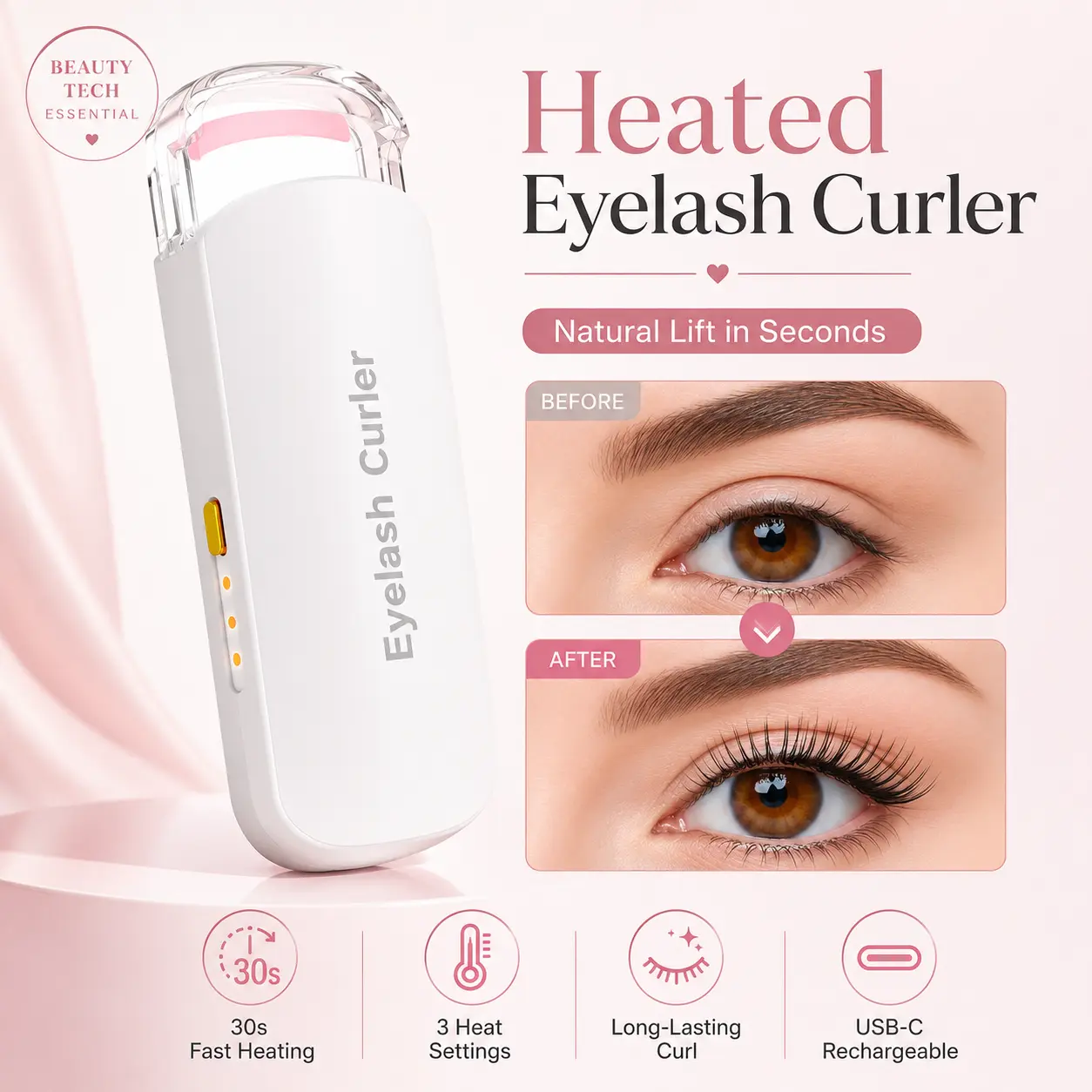 Heated Eyelash Curler, USB Rechargeable Electric Lash Curler with 3 Temperature Settings, Silicone Heating Pad for Long-Lasting Natural Curl