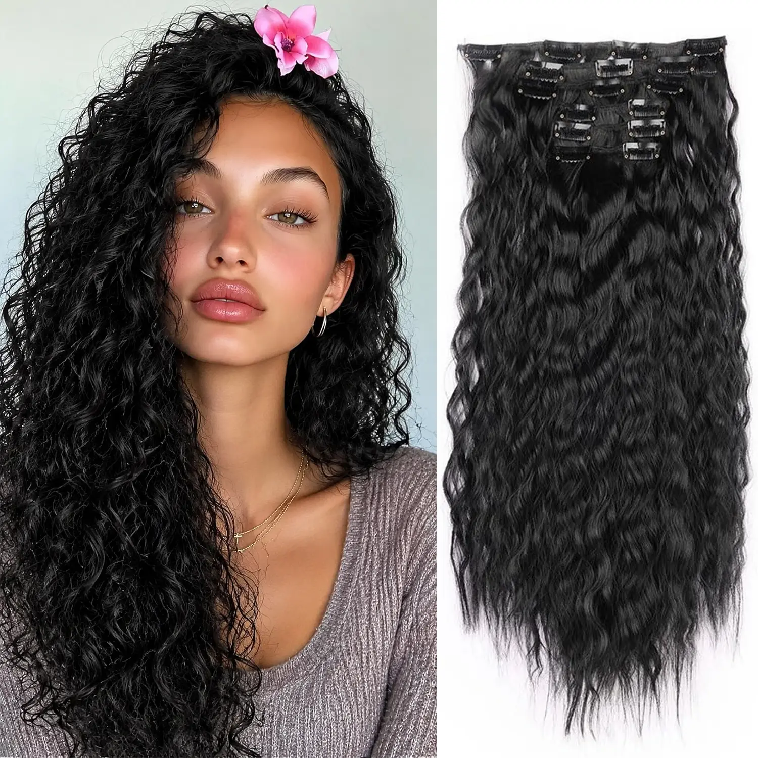 Curly Hair Extensions 6PCS 24 inch Clip in Hair Extensions Curly Hair Extension Clip Ins Invisible Natural Hairpieces for Women