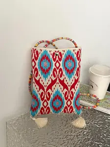 Newest Ethnic Wind Knit Phone Bag, Literary National Style Handbag, Edlees Pattern Fringe Crossbody Bag, Ideal for Beach Vacation, Commute, Shopping