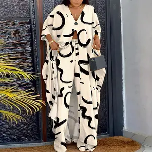 2026 CHICME Women's Abstract Print High Slit Longline Top & Pants Set Elegant Casual Sleeves Pockets Clothes Button