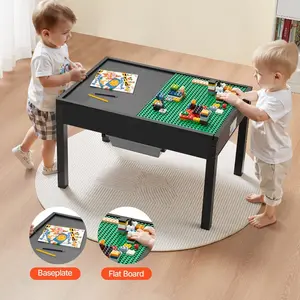 VEVOR Kids Wooden Activity Table, Building Blocks Double-Sided Tabletop, Multi-Purpose Activity Play Table with 2 Storage Bins for Kids 3+ Years, Large Storage Space, Present for Boys Girls, Black
