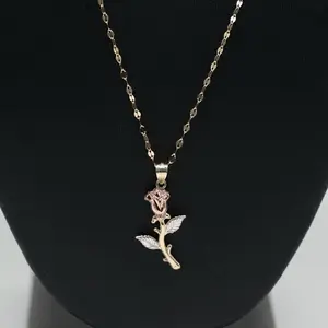 14K Gold 18” Mirror Chain with 3 Tone Rose Pendant Necklace Set
