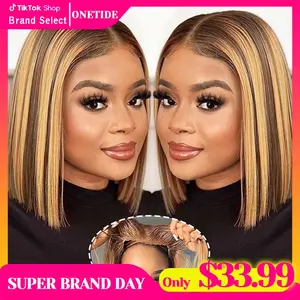 Glueless Wigs Human Hair Short Bob Wigs-5x5 Pre-Cut Lace Closure Bob Wig -Honey Blonde Highlights (4/27)-180 Density Straight Ombre Human Hair Wig  Pre-Plucked