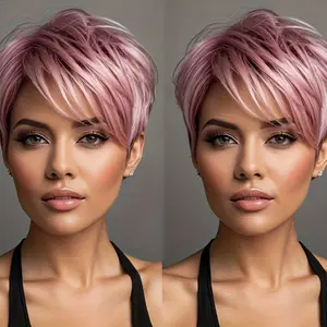 Woolook Pink Short Synthetic Pixie Wig with Bangs Elegant Layer Straight Soft & Healthy Daily Wear Rose Net Cap Comfortable Fit for Women Party Wedding Holiday Halloween Cosplay