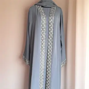 Amira Open Abaya with Lace Set - 3 Piece Nida Polyester Fabric Abaya with Chiffon Headscarf and Inner Dress