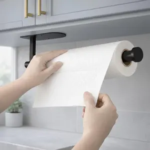 Paper Towel Holder, Self Adhesive or Screw Mounting, Black Wall Mount SUS304 Stainless Steel Paper Towel Holder Under Cabinet for Kitchen, Counter, Cabinet, Bathroom