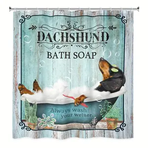 Funny Dog Bath Curtain Dachshund Bath Soap Vintage Blue Green Barn Door Animal Plant Rural Modern Wood Plank Print Bathroom Accessories with 12 Plastic Hooks