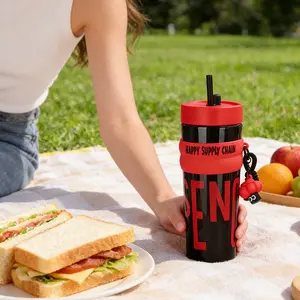 Trendy Letter Plastic Straw Cup, Water Bottles, Glossy Body with Bold Letters, 4 Colors Available, Silicone Strap & Charm, Leak-Proof, Portable Tumbler, Ideal for Commute, School, Outdoor, Drinkware