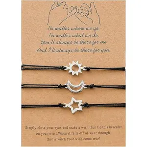 3 PCS Friendship Bracelets for 3 Best Friend Couples with Moon Sun Star Adjustable Handmade Cord Relationship Bracelets
