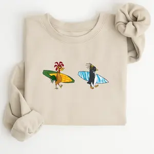 Funny Surfing Chicken and Penguin Sweatshirt, Cute Holiday Beach Crewneck, Surf’s Up Surfboard Graphic Pullover, Retro Cartoon Animal Sweater for Men and Women, Cool Summer Vibes Gift Idea