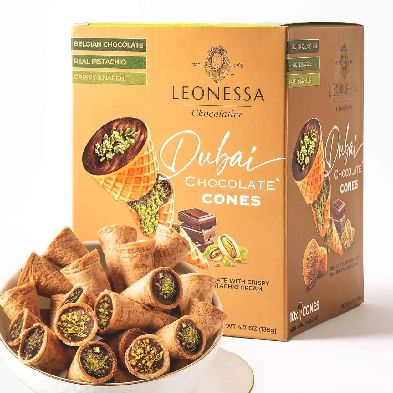 Leonessa Dubai Chocolate Cones with Pistachio Kunafa | Made with Premium Belgian Chocolates | Kunafa Chocolate | Chocolates de Dubai - 4.7 oz