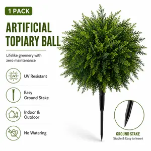 1 Pack Artificial Topiary Ball with Ground Stake, UV Resistant Faux Boxwood Shrub for Garden, Front Porch, Patio & Walkway Decor