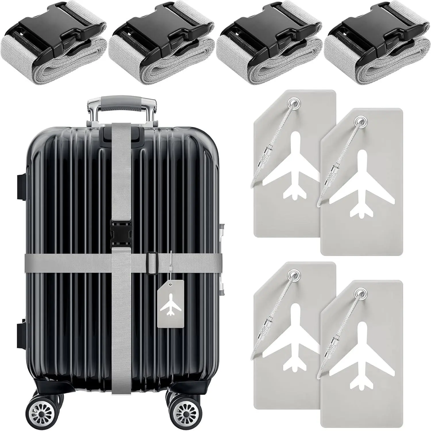 8-Piece Synthetic Luggage Straps & Suitcase Tags Set, TSA-Approved Travel Accessories - 4 Adjustable 2-Inches Suitcase Belts, 4 Luggage Tags with Name ID Card (Light Gray, Airplane)