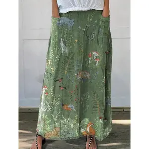 Women’s long skirt with animal and plant print and pockets, hippie skirt, casual and fashionable cocktail skirt, suitable for daily vacation wear, all-season women’s underwear GARMENTARY