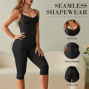 Suprenx Women's Seamless Knit Spaghetti Strap Spandex Capri Shapewear Bodysuit - Firm Tummy Control, Butt Lift Jumpsuit, 3/4 Length, Adjustable Straps, Minimalist Basic Fabric, Smooth Elegant for Everyday Casual Wear,summervibes