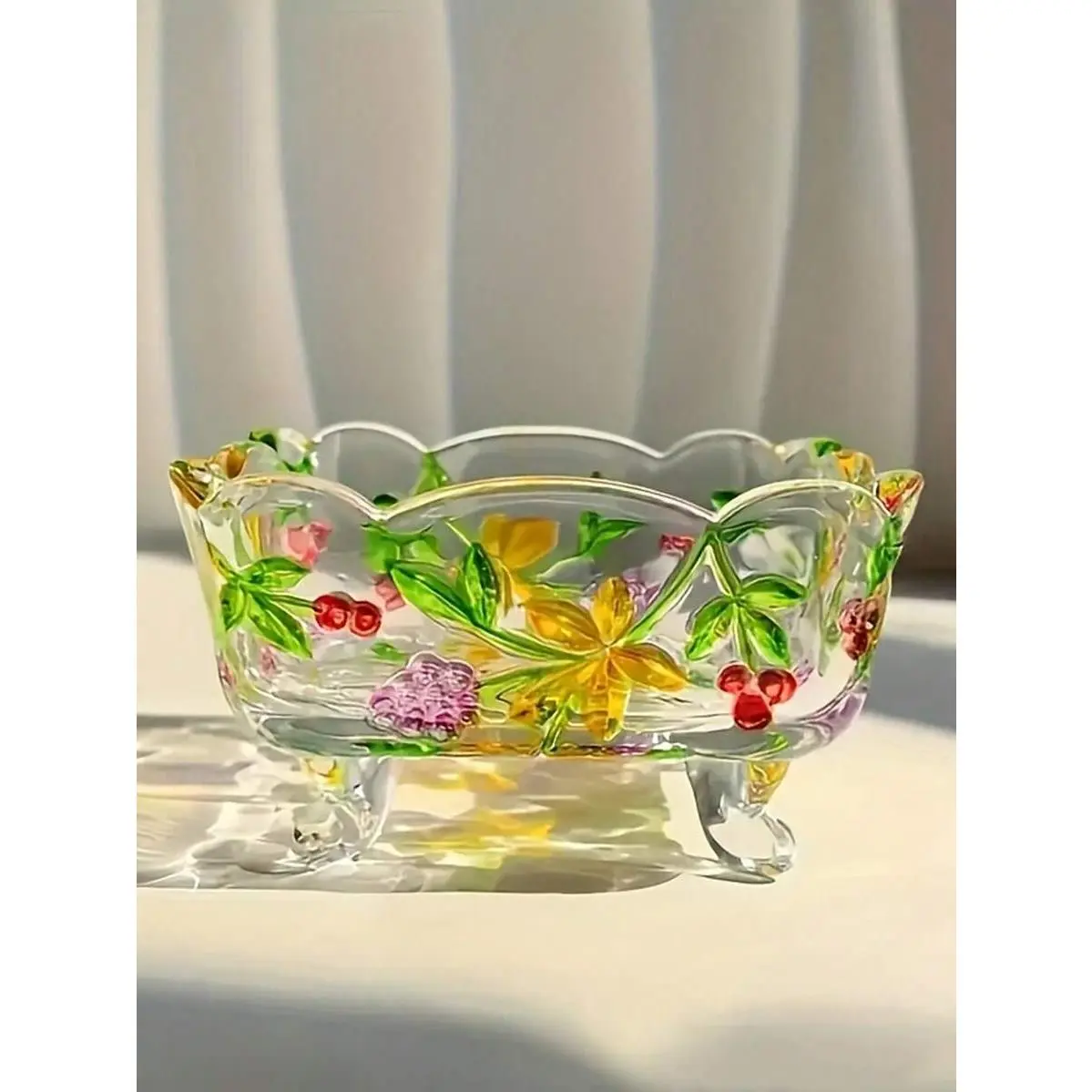 Handmade Vintage Multicolor Glass Ashtray with Flower Motif - European Rectangular Home Decor, Desktop Organizer