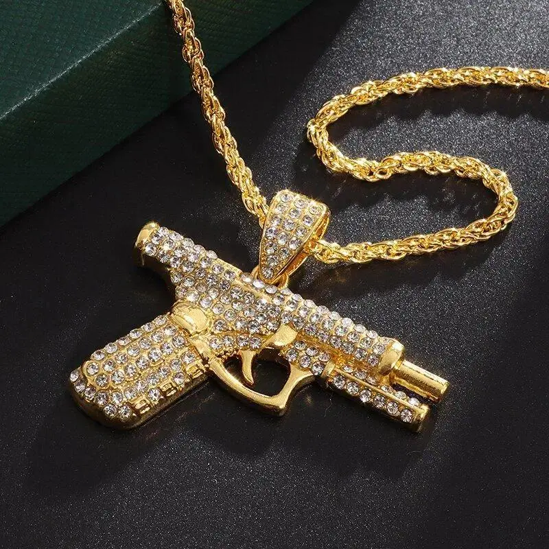 Men's Iced Out Cuban Link Chain with Rhinestone Pistol Pendant, Hip Hop Bling Necklace for Daily Casual Wear, Costume Jewelry Accessory