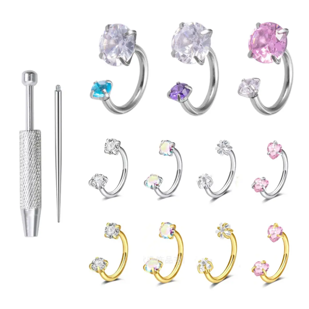 13PCS Horseshoe Nose Ring Set for Women Double Gem Horse Shoe Nose Ring Hoop Surgical Steel Silver Gold Cartilage Helix Tragus Earring Hoops Labret Lip Piercing Jewelry Small Septum Rings