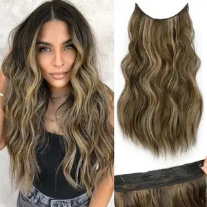 [Plodon] Golden-Brown 24/20/16-Inch Invisible Clip-in Synthetic Hairpiece — Features a double-weft design; a single-piece unit with 4 clips for a secure and stable fit; long, wavy invisible hair extensions crafted specifically for women. wig fashion