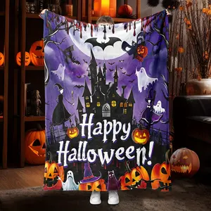 Halloween Themed Flannel Throw Blanket – Contemporary Style with Haunted Mansion, Bats, Pumpkins, Ghosts Pattern – Soft 100% Polyester Digital Print Cozy Sofa Blanket for All Seasons, Great Gift Idea